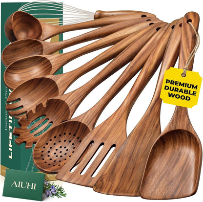 AIUHI 10 Pcs Wooden Spoons for Cooking, Teak Wooden Utensil Set for Nonstick Cookware, Wooden Kitchen Utensils Set with Whisk and Spaghetti Server1