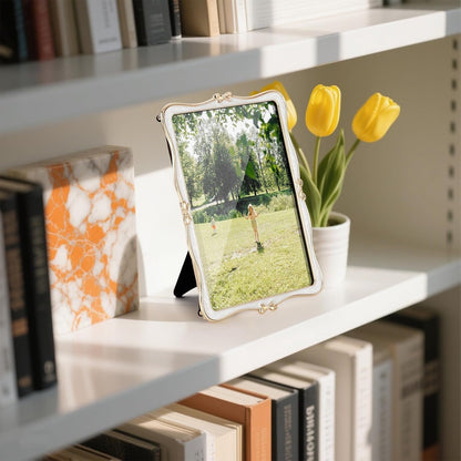 Metal Bow Picture Frame 5X7 Photo Frames with High Definition Glass Front Gift Ideas Tabletop Home Decorative, Gold & White6