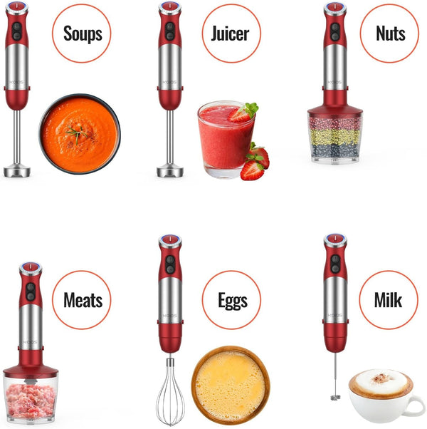 5-In-1 Hand Immersion Blender, 1000W 12 Speed Handheld Blender Stick with Copper Motor Stainless Steel Blade, 600Ml Mixing Beaker,500Ml Food Processor, Whisk, Milk Frother, Non-Bpa, Red3