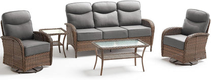 Luxury Outdoor Patio Furniture Set with 6-Inch Thick Cushions, 5 Pieces Wicker Outdoor Furniture with High Back Swivel Patio Chairs Set of 2, Outdoor Conversation Set for Deck Garden Porch, Gray9