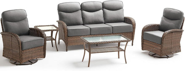 Luxury Outdoor Patio Furniture Set with 6-Inch Thick Cushions, 5 Pieces Wicker Outdoor Furniture with High Back Swivel Patio Chairs Set of 2, Outdoor Conversation Set for Deck Garden Porch, Gray9