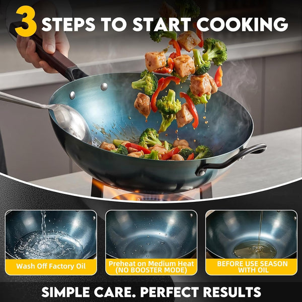 13.5" Blue Carbon Steel Wok, Pre-Seasoned Flat Bottom Wok Pan | Pre-Seasoned, No Chemical Coating, Rust-Resistant Blue Tempering, Fits Gas/Induction/Electric Stoves, Ideal for Stir-Fry5