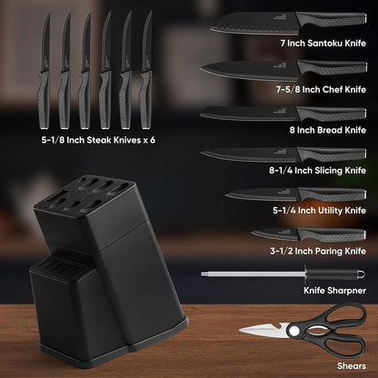 Kitchen Knife Sets with Block, 15 Pieces High Carbon Stainless Steel Knife Set with Sharpener, Sharp Knife Block Set for Kitchen, Black2