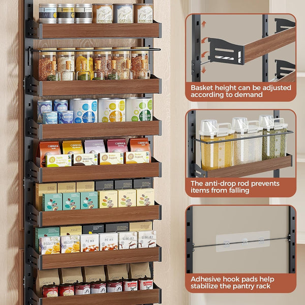 8-Tier Pantry Door Organizer, over the Door Pantry Organizer with Wooden Adjustable Baskets, 2 in 1 Spice Rack Wall Mount or Door Organizer, Door Spice Rack for Pantry（72.6×17.1×5.1In,Black)4