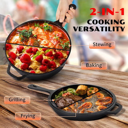2-In-1 Cast Iron Dutch Oven - 3.2QT Deep Pot with Lid Recipe | 10.5" Cast Iron Skillet with Frying Pan, Pre-Seasoned Dutch Oven Multi Cooker, Oven Safe Cookware for Grill Camping Stewing3
