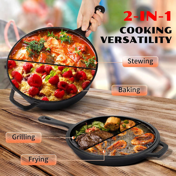2-In-1 Cast Iron Dutch Oven - 3.2QT Deep Pot with Lid Recipe | 10.5" Cast Iron Skillet with Frying Pan, Pre-Seasoned Dutch Oven Multi Cooker, Oven Safe Cookware for Grill Camping Stewing3