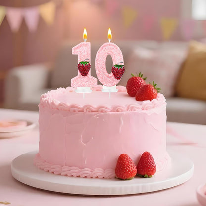 Strawberry-Shaped Berry Candles, Pink Number Candles, and Glittery Strawberry Cake Decorations, Perfect for Birthday and Anniversary Celebrations. (Number 1)6
