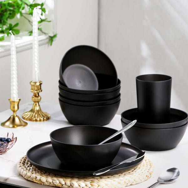 24Pcs Matte Black Dinnerware Set, Plates Bowls & Cups, Unbreakable Dishes for 8, Reusable Bpa‑Free Tableware, Dishwasher Safe for Kitchen Party Picnic Camping, Bonus Cutlery Set Included9