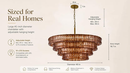 40 Inch Modern round Amber Crystal Glass Chandelier, Large 4-Tier 10 Lights Gold Luxury Hanging Light Fixture, for Dining Room, Kitchen Island, Living Room, Entryway (Included E12 Bulbs)7