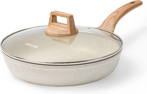 Non Stick Frying Pan, 8 Inch Cream White Skillet with Glass Lid | Non Toxic Kitchen Healthy Cookware, Compatible with All Stovetop, Easy to Clean, PFOA Free1