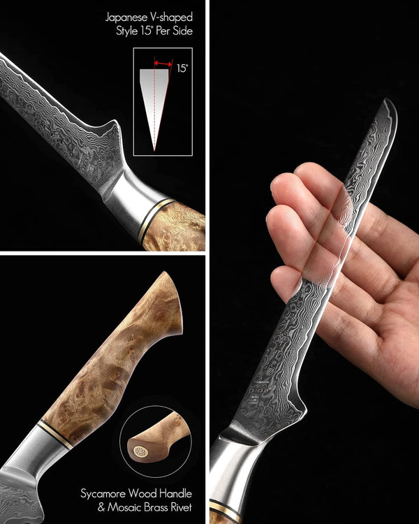6-Inch Boning Knife – 67 Layers Damascus Steel, Professional Meat Trimming & Deboning Knife for Home Cooking, Figured Sycamore Handle5