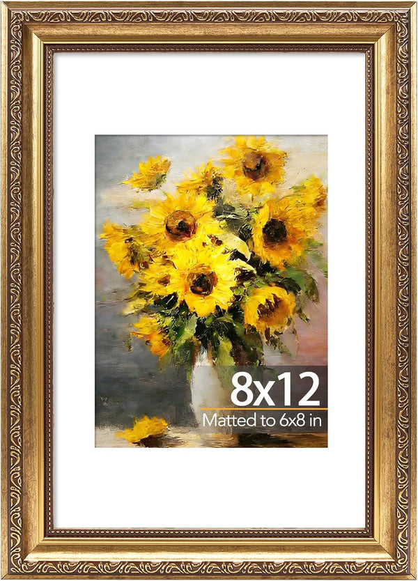 8X12 Vintage Picture Frame with 6X8 Mat, Elegant Retro 8 by 12 Photo Frame with Shatter-Resistant Plexiglass for Wall or Tabletop Display, Gallery Decor & Gift, Gold, 1 Pack1
