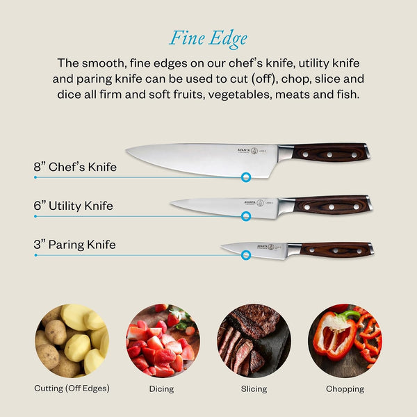 Avanta Forged 3-Piece Pakkawood Starter Set - German X50 Stainless Steel - Includes 8” Chef’S Knife, 6” Utility Knife & 3” Paring Knife3