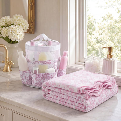2 Pcs College Dorm Shower Caddy and Bath Towels Set,Pink,White4