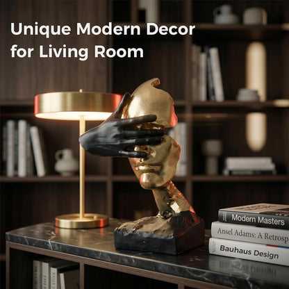 Office Desk Shelf Decor, See No Evil Gold Black Resin Bust | Modern Abstract Head Sculpture, Tabletop Accent, Mantel Table Display, Living Room Showpiece, 11.8 Inch Tall2