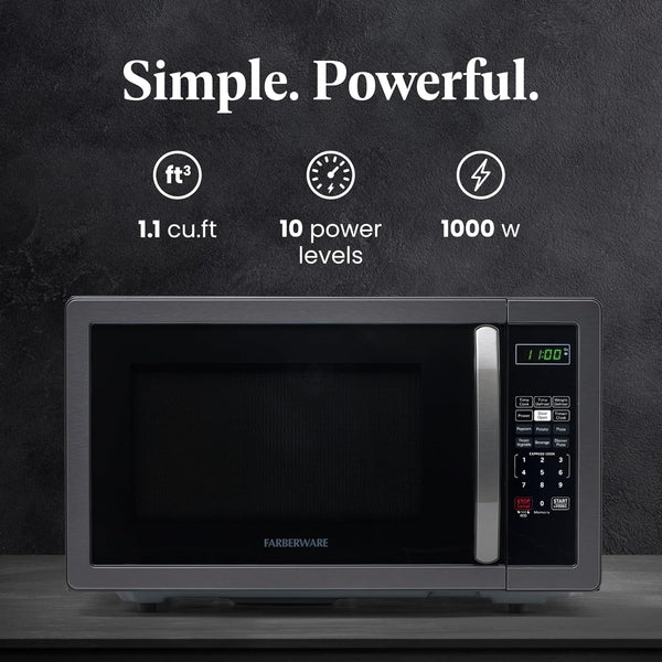1.1 Cu. Ft. Countertop Microwave Oven – 1000 Watts Power, Auto Cook Settings, Defrost, Easy Clean and Child Safety Lock - Stainless and Black2
