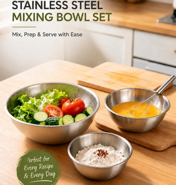 Stainless Steel Mixing Bowls Set of 3 - 9.84", 8.66" & 7.5" Metal Mixing Bowls, 3.3 Qt, 2 Qt & 1.5 Qt Stainless Steel Salad Bowls, Durable 304 Stainless Steel Bowl for Kitchen, Baking, and Meal Prep6