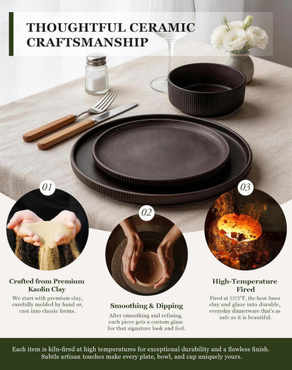 24-Piece Dinnerware Set for 6 with Bowl, Ribbed Stoneware Plates and Bowls Sets, Unique Handcrafted Reactive Glaze, Chip and Scratch Resistant Dish Set, Microwave & Dishwasher Safe, Black5