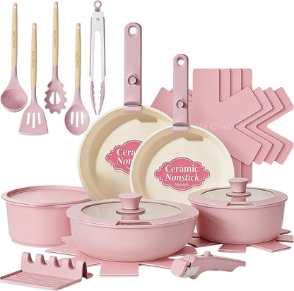 Pots and Pans Set Non Stick, 21 Pcs Nonstick Ceramic Cookware Set, RV Kitchen Cooking Set with Detachable Handles, Oven Safe, Induction Cookware, Stackable, Pink, PFAS PFOA & PTFE Free1