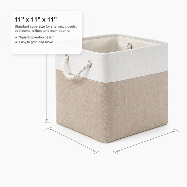 11X11 Inch Cube Storage Bins, 8 Pack Collapsible Fabric Storage Cubes with Rope Handles, Waterproof Foldable Storage Baskets for Cube Shelves, Closet, Clothes, Toys, Books, White & Beige Gold8