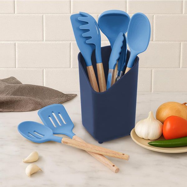 Silicone Kitchen Utensils Set, 8Pcs - Nonstick Cooking Tools with Wooden Handles and Utensil Holder - Spatula Set with Turner, Ladle, Spoons, Tongs, and Spaghetti Server - Blue2