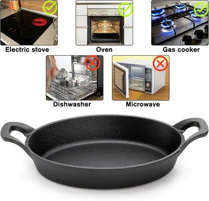4 Pack Mini Cast Iron Fajita Skillet Set, 8.5 X 6.1 Inch Sizzling Plate with Wooden Base, Small Oval Casserole Dishes, Cast Iron Pizza Baking Steak Pan for Stove, Oven, Grill3
