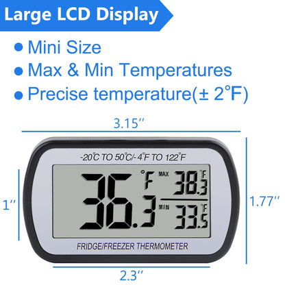 2 Pack Refrigerator Fridge Thermometer Digital Freezer Room Thermometer Waterproof Large LCD Display Max/Min Record Function-Black3
