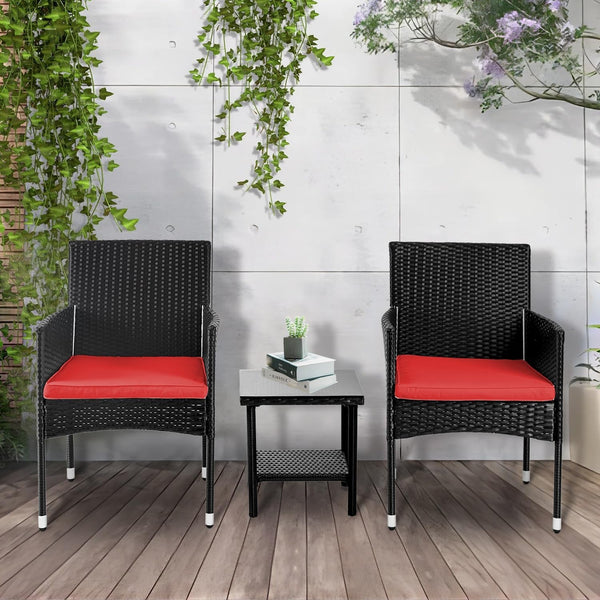 Set of 3 Outdoor Furniture Set Heavy Duty Patio Furniture Set Sturdy Conversation Set with 2 Rattan Chairs Glass Top Coffee Table Seat Cushions for Coffee Bar Poolside Patio Outdoor, Red5