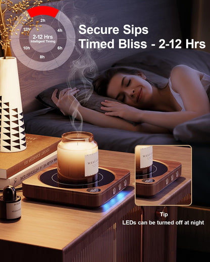 Coffee Mug Warmer for Desk, Candle Warmer Plate, 12H Timer, Wood | Fast Heating to 176°F, LED Display, Color-Coded Lights, Temperature Memory, 5.2-Inch Plate; Coffee Gifts5