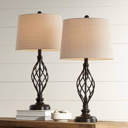 Annie 28" Tall Table Lamps Set of 2 Open Scroll Iron Bronze Brown | Traditional Farmhouse Rustic Living Room Bedroom House Bedside Nightstand Home Tapered Cream Drum Shade1