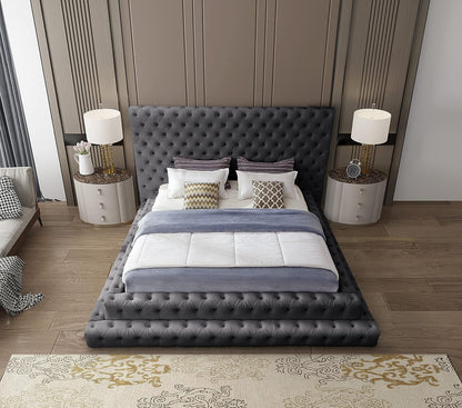 Meridian Furniture Revelgrey-Q Revel Collection Modern | Contemporary Grey Velvet Upholstered Bed with Deep Button Tufting, 85" W X 98" D X 60" H, Grey, Queen8