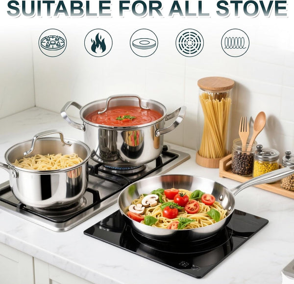 Stainless Steel Cookware Set - 20 PCS Pots and Pans Set with 3-Ply Stainless Steel Frying Pan, Professional Kitchen Cooking Set, Induction Compatible, Oven & Dishwasher Safe5
