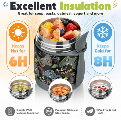 10Oz Soup Thermo for Hot Food Kids,Lunch Thermo Kids Food Jar with Spoon Hot Insulated Food Containers,Leak Proof Stainless Steel Wide Mouth Lunch Food Thermo Jar for School(Black-Game Console)4
