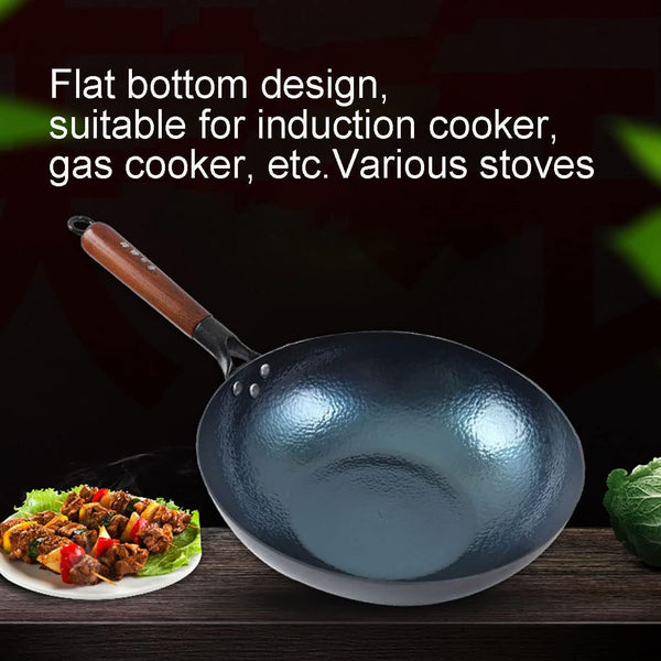 Chinese Handhammered Iron Woks and Stir Fry Pans, Flat Bottom Wok，No Coating Non-Stick, Suitable for All Kinds of Stoves (Diameter 32Cm/12.59In)6
