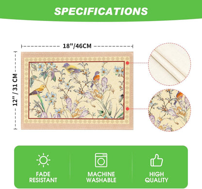 Birds Flowers Blossom Placemats Set of 4, 12X18 Inch Seasonal Spring Summer Table Mats Party Kitchen Dining Decoration7