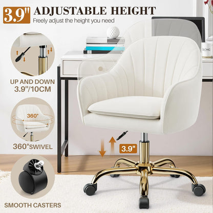 Vanity Chair with Wheels, Comfy Home Office Desk Chairs Adjustable Modern Velvet Makeup Vanity Chairs for Bedroom Living Room-Beige7