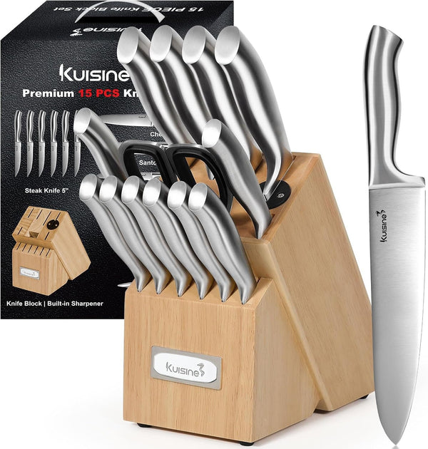 Premium Sharp Knife Set Carbon Steel Forged,Ergonomic Handle Knife Block Set,Kitchen Block Knife Set,Chef Knife Set Built-In Sharpener(Silver Pro, 15PCS)7