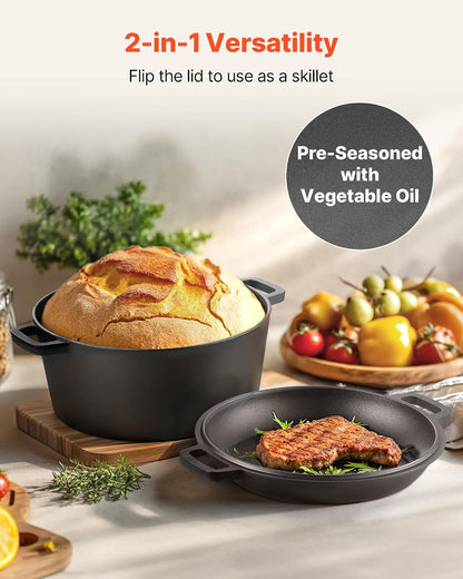 Cast Iron Dutch Oven, 2-In-1 Pre-Seasoned Pot with Skillet Lid, 5QT Cookware Pan with Proofing Basket, Bread Baking Accessories, Bread-Oven Compatible 500℉4