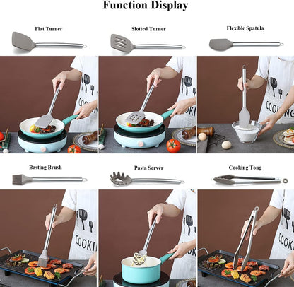 38 Piece Silicone Kitchen Cooking Utensils Set with Utensil Rack, Silicone Head and Stainless Steel Handle Cookware, Kitchen Tools for Utensil Sets, Non-Stick Kitchen Gadgets, Dishwasher Safe(Silver)5