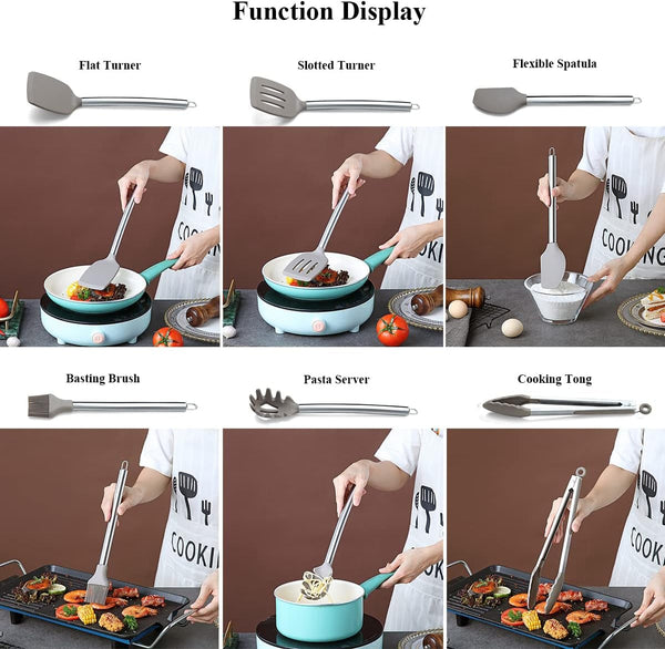 38 Piece Silicone Kitchen Cooking Utensils Set with Utensil Rack, Silicone Head and Stainless Steel Handle Cookware, Kitchen Tools for Utensil Sets, Non-Stick Kitchen Gadgets, Dishwasher Safe(Silver)5