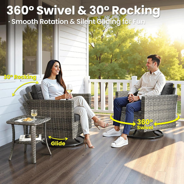 10 Pieces Patio Furniture Set with Swivel Chairs Rocking Gliders, 54" Fire Pit Table, Outdoor Sofa Couch with Solar Lights Table, Modern Deep Seat Wicker Rattan Conversation Set, Black2