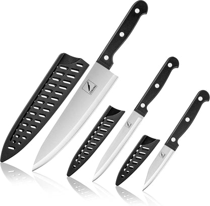 Kitchen Knife, 3-Pcs Knife Set with Sheath, 8 Inch Chef Knife, 4.5 Inch Utility Knife, 4 Inch Paring Chef Knife, Stainless Steel, Black1
