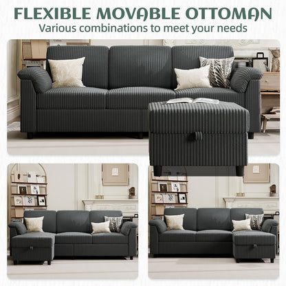 79" Convertible Sectional Couches Sofa with Storage Ottoman, 3 Seat L Shaped Couch with Side Storage Pockage, Small Couches for Living Room, Apartment and Small Space, Grey7