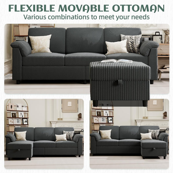 79" Convertible Sectional Couches Sofa with Storage Ottoman, 3 Seat L Shaped Couch with Side Storage Pockage, Small Couches for Living Room, Apartment and Small Space, Grey7