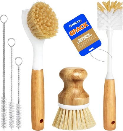 6 Pack Dish Brush with Bottle Brush Scrub Brush Straw,Yellow | Dish Brush, Palm Scrub Brush and Straw Brush, Dish Scrubber Long Handle for Dish Bottle Cup Skillet Wok Pot Pan Cast Iron1