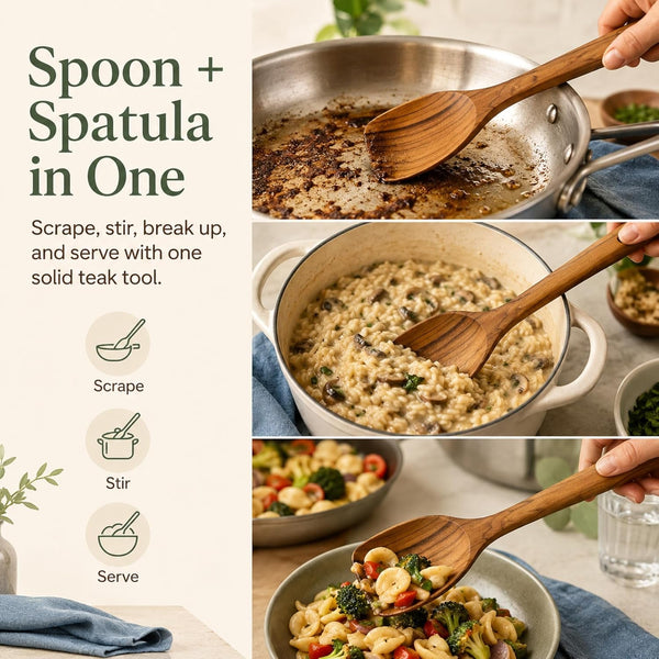 Teak Wooden Spoon for Cooking, Right Hand Corner Spoon, Nonstick Cookware | Spoon and Spatula in One: Scrape Fond, Stir, and Serve with a Solid Teak Corner Spoon and Ergonomic, Comfortable Handle2
