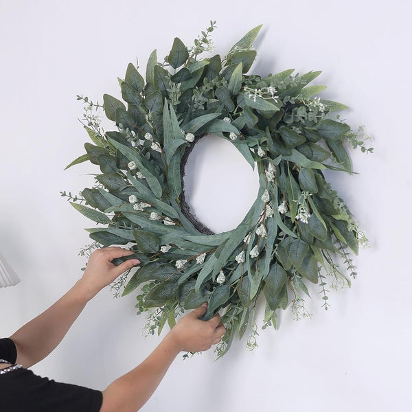 26" Large Artificial Eucalyptus Wreath with Seeds for Front Door(Green) | 3 Different Shape of Eucalyptus Leaves, Realistic Fake Wreath, for Window/Farmhouse/Porch/Home/Holiday/Wall/Outdoor Decor5