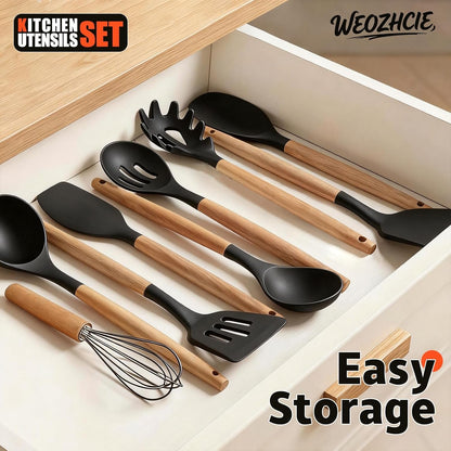 Silicone Cooking Utensil Set,10 PCS Cooking Kitchen Utensils Set, Nonstick Kitchen Utensils 446°F Heat-Resistant Cookware Tools of Spoon,Brush,Whisk,Spatula,Turner Tongs (Black)7