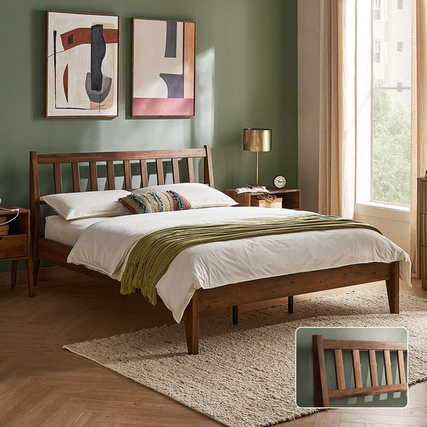 Ted Bed Frame with Headboard, Mid Century Modern Acacia Solid Wood Platform Bed Frame, Wooden Slats, No Box Spring, Double Metal Bar Support (Solid Wood, Queen (U.S. Standard))1