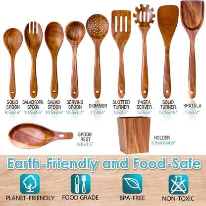 Acacia Wood Cooking Utensils Set - 11Pc Wooden Spoons3
